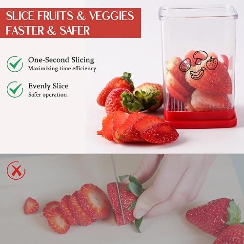 2 Pcs Cup Slicer, Stainless Steel Strawberry & Banana Slicer, Speed Fruit Cutter with Push Plate, Quickly Making Salad, Must Have Kitchen Gadget (Cyan+Red) thumbnail 3