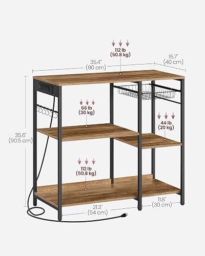 VASAGLE Baker's Rack, Coffee Bar Stand with Charging Station, 35.6 Inches Tall, Storage Shelves, Pull-Out Wire Basket, Table for Microwave, Kitchen, Honey Brown and Ink Black UKKS036K41 thumbnail 3