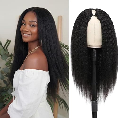 Forevermore Yaki Straight V Part Wig Human Hair Kinky Straight Vpart Human Hair Wig For Black Women 16 Inch Upgrade Glueless U Part Wig Half Wigs Clips In No Leave Out 180% Density Natural Color - Image 1