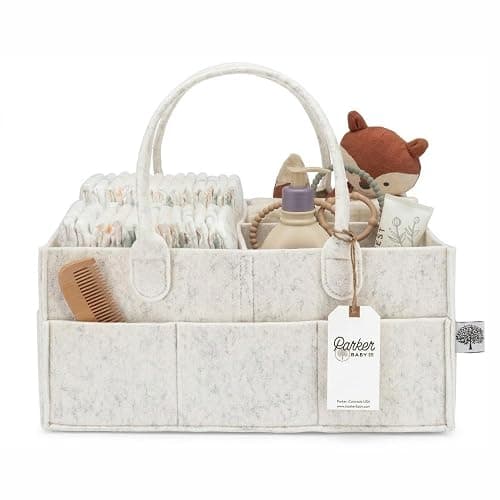 Parker Baby Co. Felt Diaper Caddy Organizer - Large, White | Portable nursery storage bin for diapers, wipes, bottles & baby essentials for home/car. Soft felt, foldable design 13x9x7" - Image 1