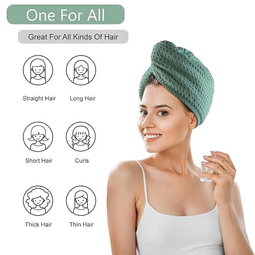 Microfiber Hair Drying Towel - 2Packs Waffle Long Hair Head Turban Wraps Terry Cloth Fast Absorbent Dry Anti Frizz Twist Plopping Curly Shower Turban for Women Wet Hair (Green) thumbnail 2