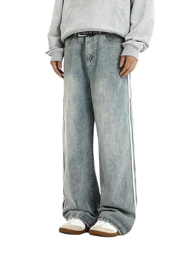 Mens Baggy Denim Jeans Casual Striped Pants Straight Wide Leg Jeans Oversized Hip Hop Pants Vintage Skater Track Jeans thumbnail 3