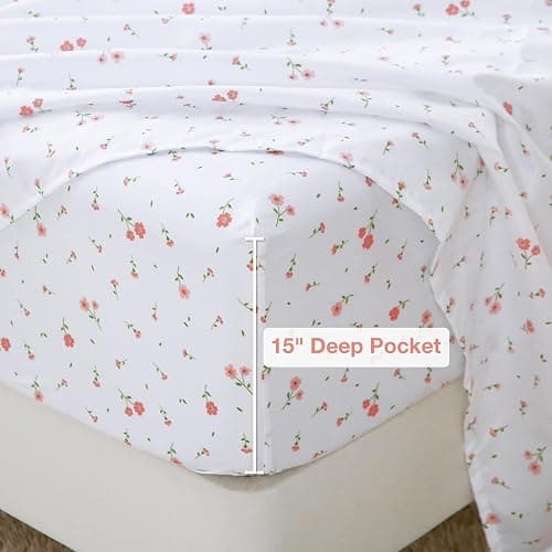 Softan Pink Floral Full Sheet Set Flower Printed Bed Sheets Double - 4 Piece Microfiber Patterned Fitted Bed Sheets with 15" Deep Pocket & Straps, Cozy Cute Pink Sheets and Pillowcase Set thumbnail 4