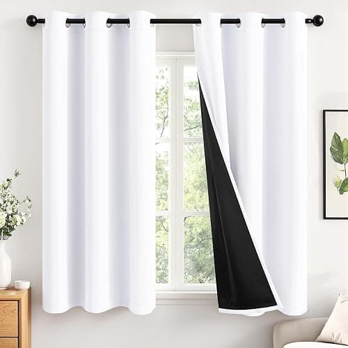 MIULEE White 100% Blackout Curtains for Bedroom 63 Inch Long, 2 Thick Layers Thermal Insulated Black Out Window Curtains with Black Liner, Noise Reducing Grommet Living Room Drapes 2 Panels Set - Image 1