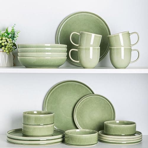 AmorArc Ceramic Dinnerware Set for 6, 18 Pieces Handmade Reactive Glaze Stoneware Plates and Bowls, Scratch Resistanct | Dishwasher & Microwave Safe Stackable Dishes Set - Oliver Green - Service for 6 thumbnail 7