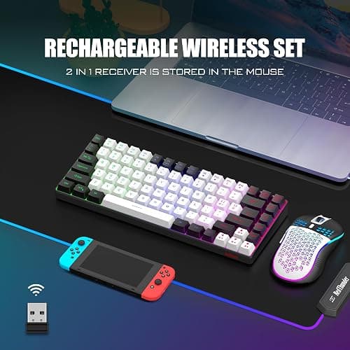 RedThunder K84 Wireless Keyboard and Mouse Combo, LED Rainbow Backlit Rechargeable Battery, 75% Layout TKL Ultra Compact Gaming Keyboard & Lightweight 3200 DPI Honeycomb Optical Mouse (White-Black) thumbnail 2
