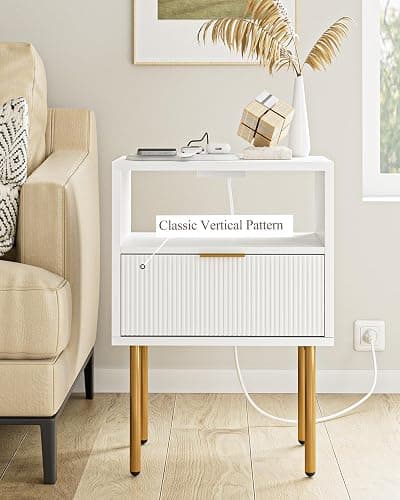 Masupu Nightstand with Charging Station,Mid-Century Modern Bedside Table with Storage Drawer and Open Wood Shelf,Small Gold Frame Side Table for Bedroom,Living Room (White) - White Stripe - 1 Drawer thumbnail 7