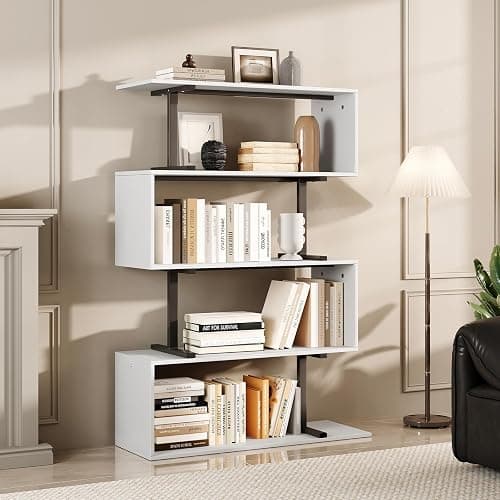 GRUSIGN 5-Tier White Geometric Bookshelf, S Shaped Bookcase,Wood Decorative Storage Shelving,Modern Freestanding Display Shelves for Office,Bedroom,Living Room, 31.5" W x 58.3" H - Image 1