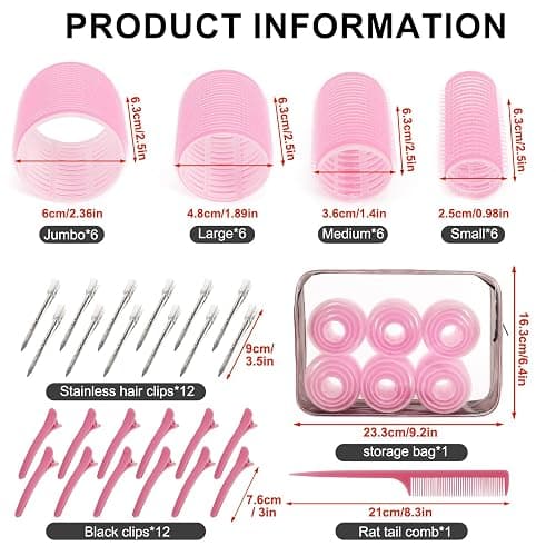 4 Sizes Hair Rollers for Women Set - 50 Pcs Hair Curler Rollers with Clips, Self Grip Hair Rollers for Long, Short Hair and Bangs, 25mm, 36mm, 48mm, 60mm, Pink thumbnail 2