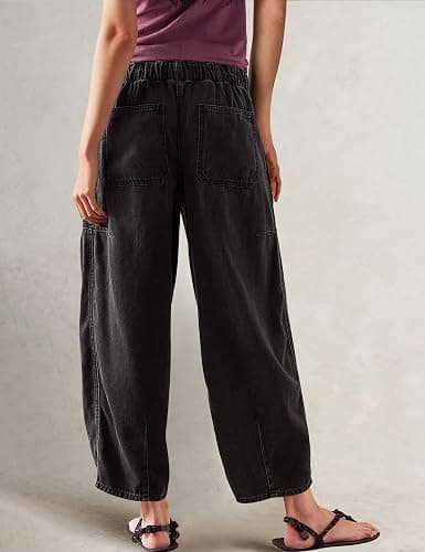 Buxitt Barrel Jeans for Women Stretch Elastic Waist Pull-on Wide Leg Baggy Pants Crop Denim with Drawstring thumbnail 2