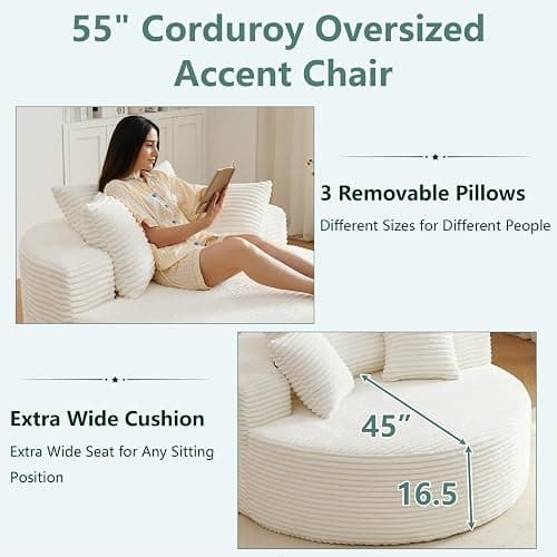 LUCKHAO 55'' Oversized Accent Chair, Comfy Corduroy Single Sofa with 3 Pillows, Upholstered Round Chair with Extra-Wide & Deep Seat for Living Room & Bedroom, White thumbnail 5