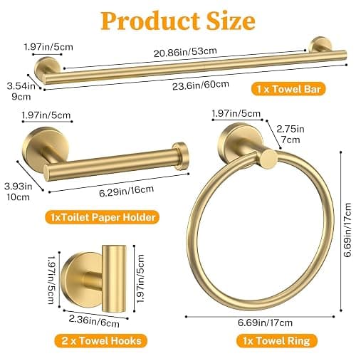 Brushed Gold Towel Bar Set 5 Pieces Round Bathroom Hardware Set Includes 23.6in Towel Bar Towel Ring Toilet Paper Holder Towel Hooks Stainless Steel Wall-Mounted Bathroom Towel Holder Set thumbnail 3