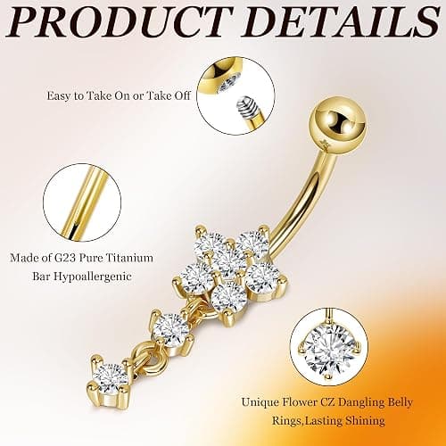 SOMEITIA 14G G23 Titanium Dangle Belly Button Ring for Women Flower CZ Dangling Belly Rings Cute Dainty Dangly Navel Ring Belly Piercing Jewelry thumbnail 5