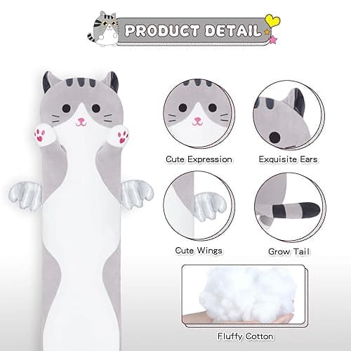 Yeqivo Soft Cat Plush Pillow, Grey Long Cat Stuffed Animals Soft Long Kitten Plushies Kawaii Cat Stuffed Plush Toy for Kids Girlfriend(50cm/19.6inch) thumbnail 5
