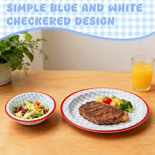 DTFMZOV 100 Pcs Gingham Paper Plates and Bowls Set - 50 Pcs 8.5 Inch Disposable Blue Gingham Plates and 50 Pcs Small Paper Bowls 8 oz Soak Proof, Cut Proof, Microwave Safe Party Supplies thumbnail 5