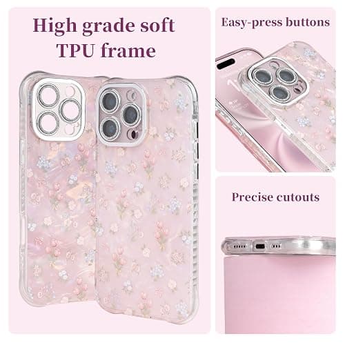Plleuo Cute Tulip Flowers Bow Shell Pattern for iPhone 14 Plus Case, [3 in 1] with Screen Protector & Camera Lens Protector, Clear Soft Shockproof Slim Fit Floral Phone Cover for Women (White) thumbnail 3