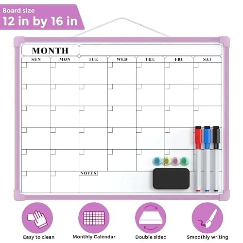 MaxGear Monthly Calendar Dry Erase Board for Wall, 16"x12" Small Hanging Double-Sided White Board, Portable Whiteboard for Planning, Drawing, Memo, to Do List, School, Home, Office, Purple Frame thumbnail 7