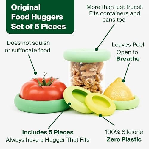 Food Huggers 5pc Reusable Silicone Food Savers | BPA Free & Dishwasher Safe | Fruit & Vegetable Produce Storage for Onion, Tomato, Lemon, Banana, Cans & More | Round, Sage Green thumbnail 4