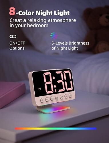 Odokee Digital Alarm Clocks for Bedrooms: Large Bold Number 5 Brightness Dimmer - Easy to Read Across The Room - 5 Alarm Sound 8 Night Light - Sakura Pink thumbnail 5