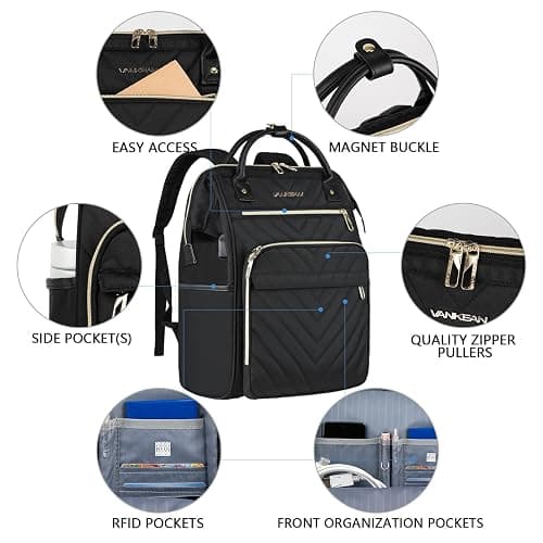VANKEAN 17 Inch Laptop Backpack for Women Men Fashion Computer Work Bag, Large Capacity Waterproof Backpack with USB Port & RFID Pockets, College Daypack Business Travel, Black thumbnail 6