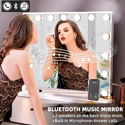 Hansong Bluetooth Vanity Mirror with Lights Hollywood Makeup Mirror with 15 LED Bulbs Lighted Vanity Mirror with Bluetooth 3 Lighting Modes White thumbnail 3