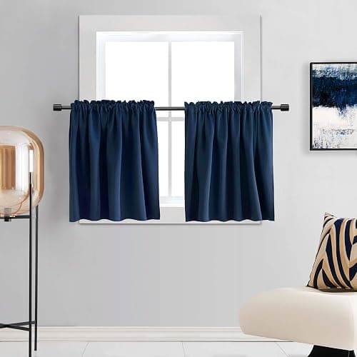 DONREN Navy Blue Blackout Tier Curtain Panels for Small Window - Thermal Insulated Room Darkening Rod Pocket Valance Curtains for Livingroom (30 by 30 Inch 2 Panels) - Image 1