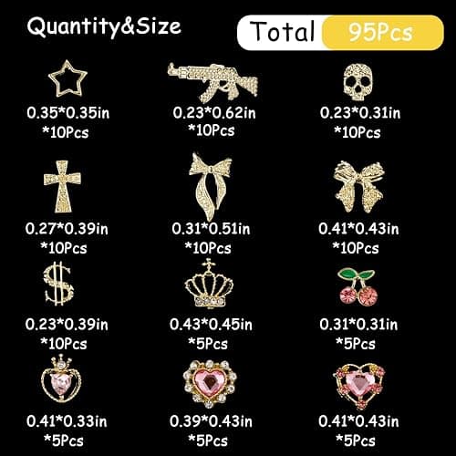 ZUMILLMN 95PCS 3D Nail Charms - Gold Alloy Bow, Gun,Heart,Cross,Star,Cherry& Crown Charms, Shiny Nail Rhinestones for Nail Art, Manicure, DIY Jewelry Making（95pcs） thumbnail 2