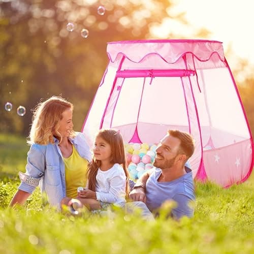 Pop Up Princess Tent with Colorful Star Lights for 1 2 3 Year Old Birthday Gift, 12-18 Months Baby Girl Toys, Foldable Ball Pit with Carrying Bag, Indoor&Outdoor Play Tent for Kids - Pink thumbnail 2