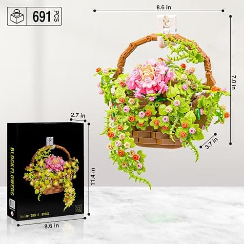 SATHIBI Flower Bouquet Building Set, Flowers Basket Bonsai Plants with Light, Botanical Collection Wall Decor, Creative Building Toy Gift for Adults (691 PCS) thumbnail 2