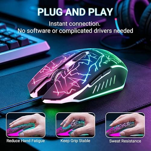 VGUARD Wired Gaming Mouse, 3600 DPI Optical Sensor, RGB Backlit Ergonomic USB PC Mice with 6 Programmable Buttons, 7 Colors LED, Professional Gamer Mouse for Laptop, Computer, Windows/Mac thumbnail 3