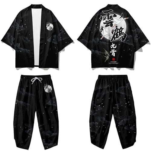 DOSLAVIDA Men's Japanese Kimono Cardigan Suit Chinese Style Printed Jacket Pants Set Open Front Seven Sleeve Top & Shorts thumbnail 5