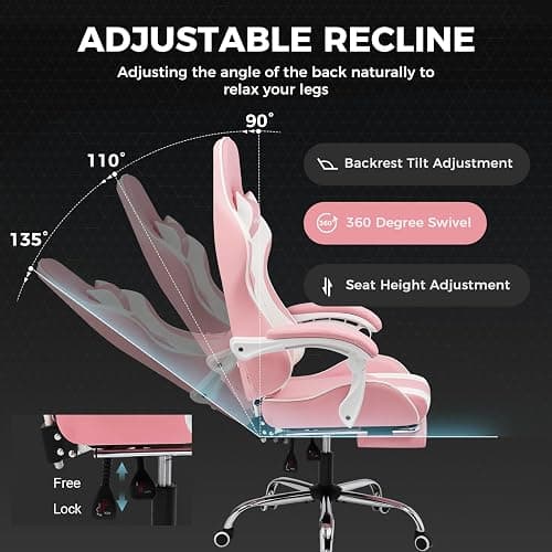 GTPLAYER Gaming Chair, Computer Chair with Footrest and Lumbar Support, Height Adjustable Game Chair with 360°-Swivel Seat and Headrest and for Office or Gaming (Faux Leather, Pink) thumbnail 6