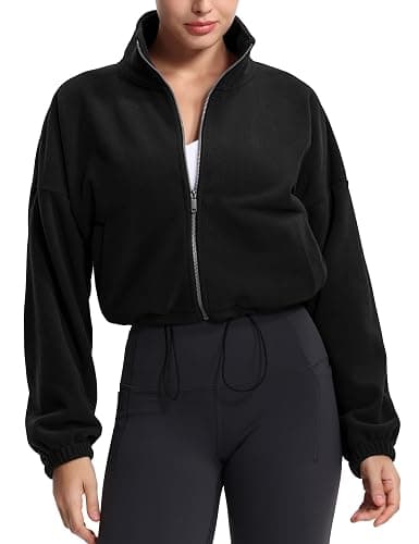 THE GYM PEOPLE Women's Fleece Cropped Jacket Full Zip Stand Collar Workout Short Sherpa Coats with Pockets Drawstring Hem thumbnail 6