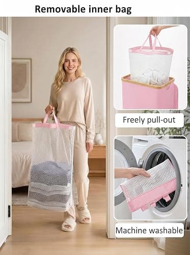 IEGrow Laundry Hamper with Lid,110L Laundry Basket with Mesh Bags,Pink | Dirty Clothes Hamper Basket with Bamboo Handle for Clothes Towels thumbnail 6