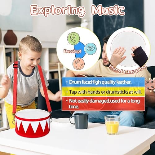Kids Drum Set,8 in Wooden Toy Drum Set,Educational Baby Musical Toys Drum with Adjustable Strap 2 Drumsticks,Sensory Musical Instrument Drum Toy for Toddler Boys & Girls Gift(Red) thumbnail 5