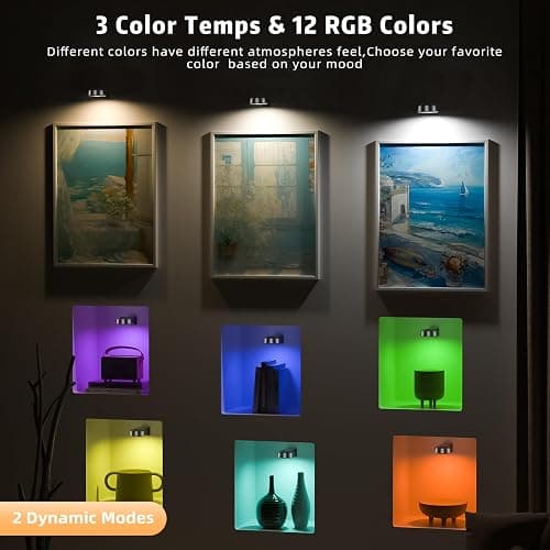 3PCS Picture Lights, Rechargeable Battery Magnetic Poster Lights with 3 Color Temps&12 RGB, Dimmable and Timer Metal Art Light for Display, Wall, Artwork, Gallery (Black) thumbnail 5
