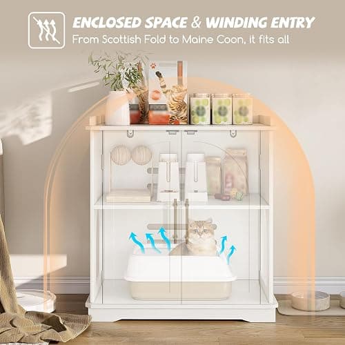 Halitaa Cat Litter Box Enclosure Furniture, Hidden Litter Box Furniture with Removable Dividers, Reversible Entrance Can Be on Left or Right Side, for Hallway, Bedroom, White, 31.4" L thumbnail 5