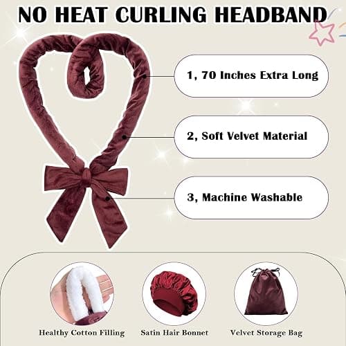 ZILAMPU Hair Curler, 70' Soft No Heat Curling Headband Wrap for Overnight Curls, Women Long Wave Curl Hair Rollers - Reddish Brown, 9 PCS Curling Rods Gifts Set thumbnail 3