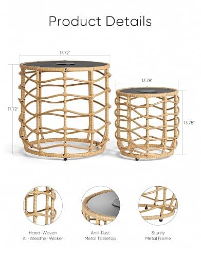 PARTPHONER Boho Solar Outdoor Side Table with Built-in Lights Set of 2, All-Weather Wicker Nesting Tables, Round Waterproof Accent End Table Design for Patio, Porch, Garden & Balcony, Natural Brown thumbnail 2