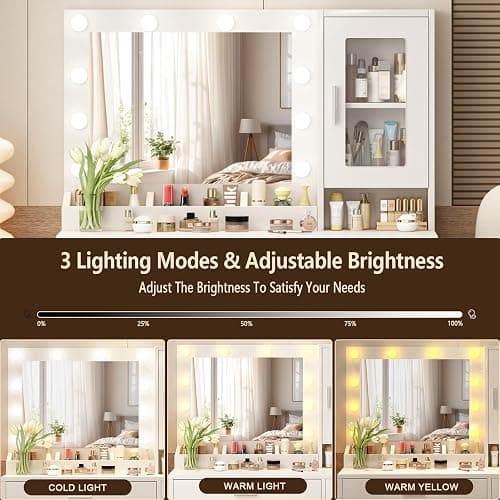ENDYOE Makeup Vanity Desk Set with LED Lights Mirror Chair, Vanity Table with 7 Storage Shelves and 3 Drawers,3 Lighting Modes Adjustable Brightness Dressing Table for Bedroom,White thumbnail 4