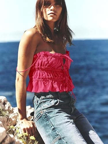 Tankaneo Womens Summer Tie Front Crop Tops Cute Ruffle Ruched Spaghetti Strap Tank Tops Y2K Going Out Shirts thumbnail 5
