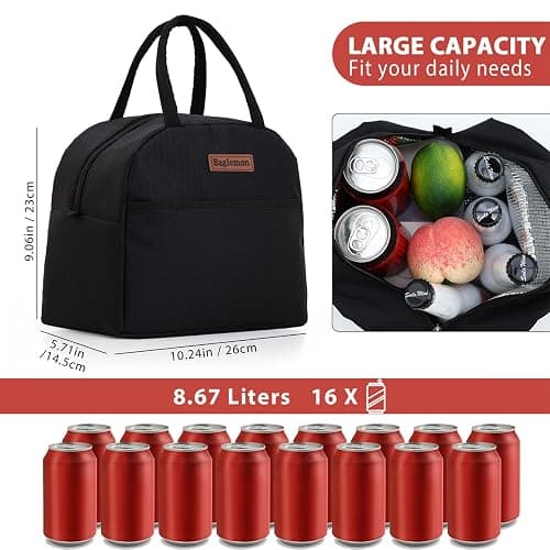 Baglemon Insulated Lunch Bag for Women Men, Lunch Containers Reusable High Capacity Lunch Tote Bags for for Work Picnic (Black) thumbnail 3