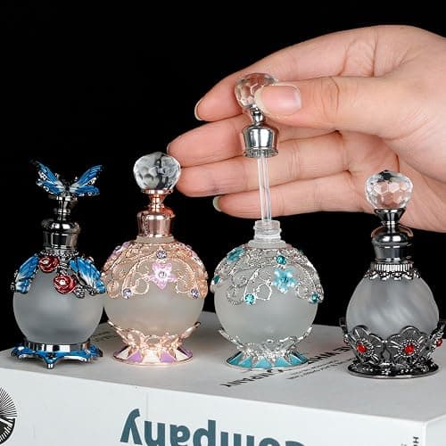 15ml Vintage Glass Perfume Bottle with Antique Silver Flower Figurine - Refillable Empty Decorative Bottle for Essential Oils - Girl or Women Gift for Dresser Table Decor thumbnail 6