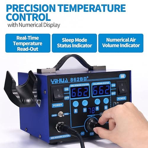 YIHUA 862BD+ SMD ESD Safe 2 in 1 Soldering Iron Hot Air Rework Station °F /°C with Multiple Functions thumbnail 2