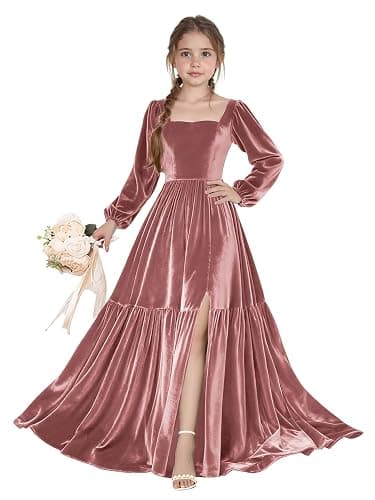 Chyrbaby Long Sleeve Velvet Junior Bridesmaid Dresses Girls Holiday Dresses with Slit Christmas Maxi Dress Formal Party Gown thumbnail 3