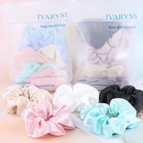 IVARYSS Scrunchies for Hair Sleep, Premium Satin Soft Than Silk for Women Curly Hair, Cute Bands Ties for Girls Thin | Thick Hair Styling, 12 Pack, Black thumbnail 7