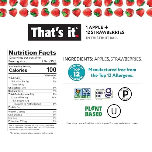 That's it. Apple + Strawberry 100% Natural Real Fruit Bar, Best High Fiber Vegan, Gluten Free Healthy Snack, Paleo for Children & Adults, Non GMO No Sugar Added, No Preservatives Energy Food (12 Pack) thumbnail 2