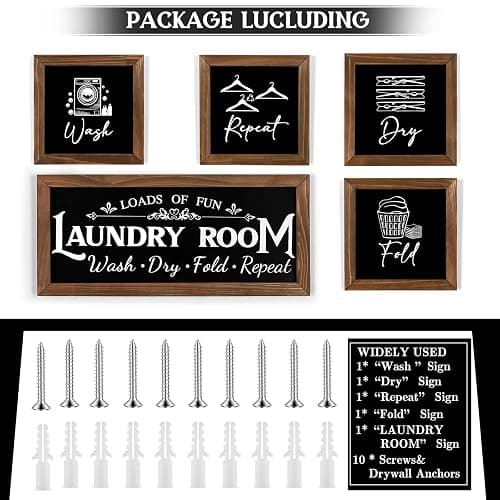 Laundry Room Wall Decor Set of 5 - Farmhouse Wood Signs with Wash Dry Fold Put Away, Rustic Laundry Room Art with Wood Frame Decorative Room Sign thumbnail 5