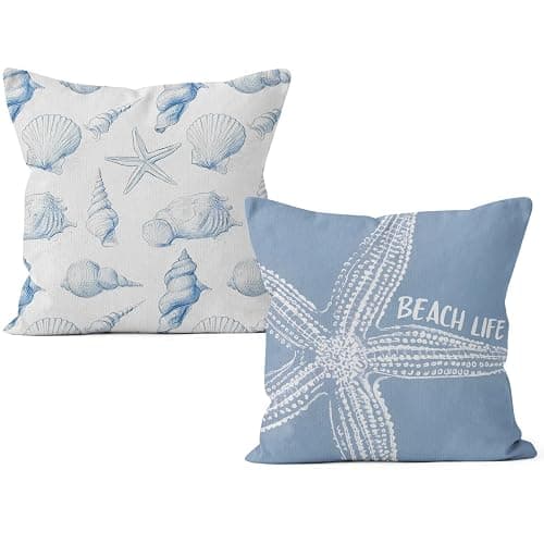 HIWX Coastal Beach Starfish Seashell Pillow Covers 18x18 Double-Sided, Coastal Beach Room Decor, Blue Ocean Beachy Seashell Decorative Pillow Covers for Couch Bed Home Bedroom Decor - Image 1