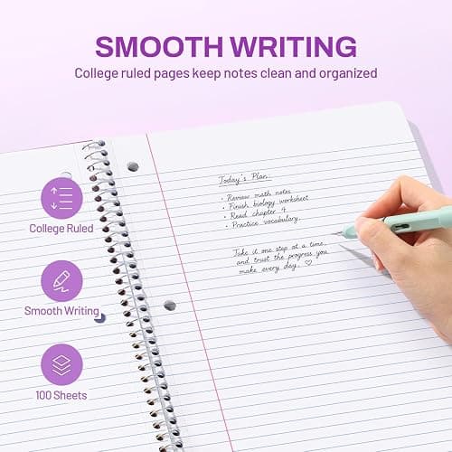 SUNEE Spiral Notebook, 1-Subject, College Ruled Paper, 8" x 10-1/2", 100 Sheets per Notebook, 3-Hole Punched Paper, Water Resistant Cover, Double-sided Pockets, Dark Purple thumbnail 5